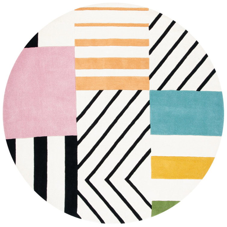 Art Deco Inspired Black and Ivory Round Wool Area Rug, 3 ft.