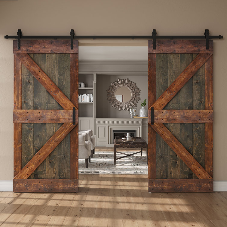 Aged Barrel Dark Walnut Pine Double Sliding Barn Door with Hardware Kit