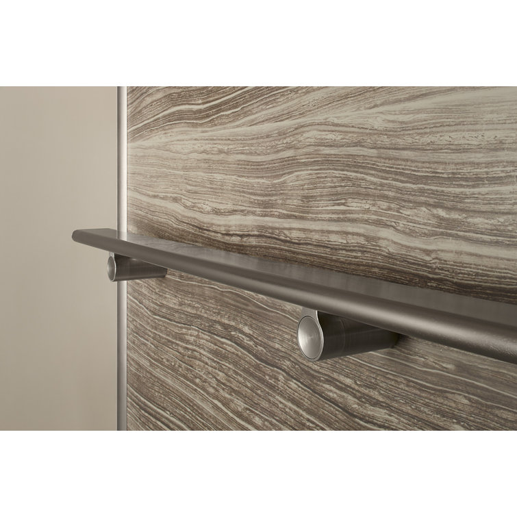 Anodized Brushed Nickel Shower Barre with Teak Shelf