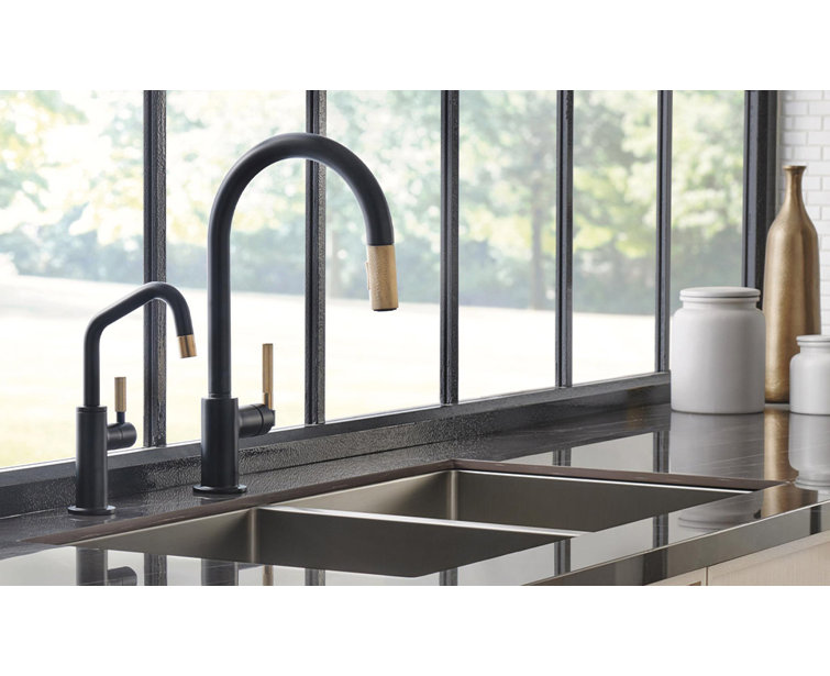 Matte Black and Gold Pull-Down Kitchen Faucet with Brass Handle