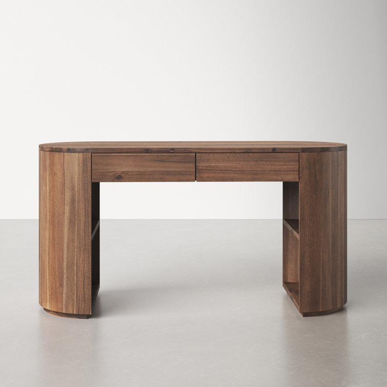 Caramel Brown Oval Wood Writing Desk with Drawers