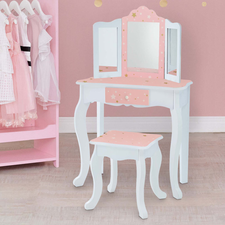 Gisele Blush Pink Star Print Kids Vanity Set with Bench