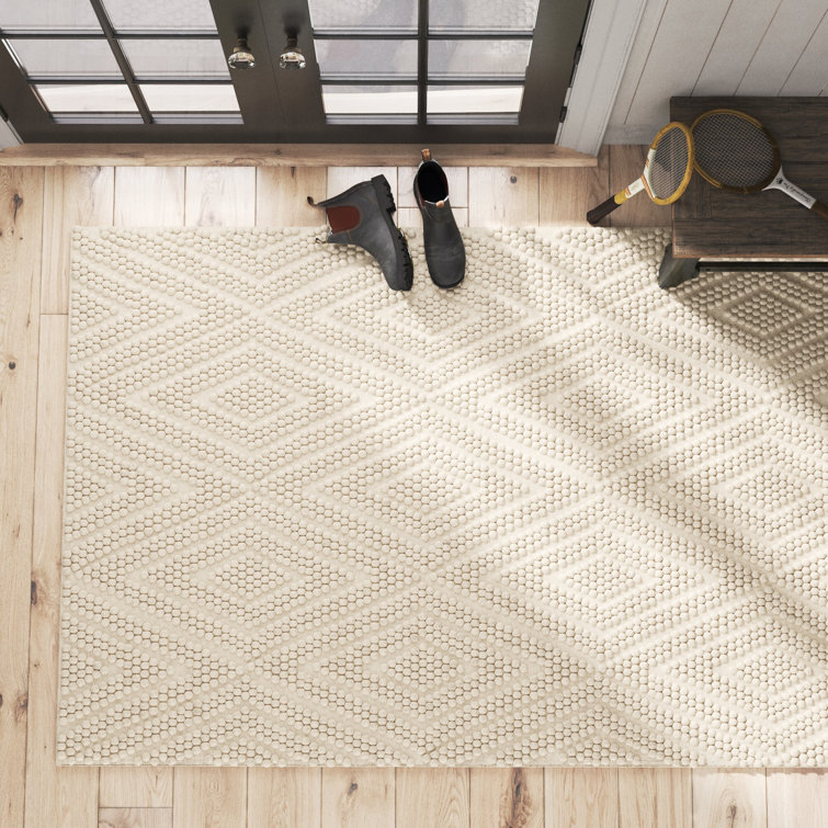 Handmade Ivory Diamond Trellis Wool and Cotton Rug