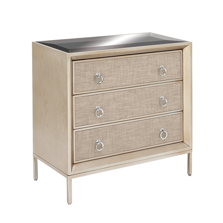 Beige Upholstered 3 Drawer Chest with Mirrored Top and Ring Handles