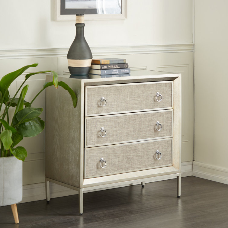 Beige Upholstered 3 Drawer Chest with Mirrored Top and Ring Handles