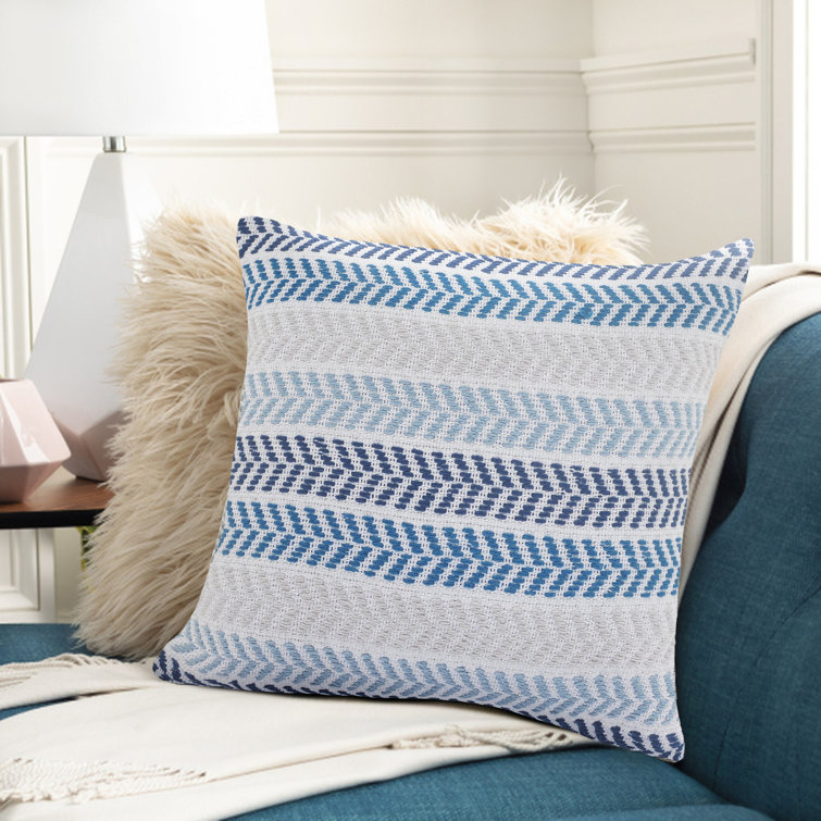 Hand-Woven Blue and Cream Chevron Cotton Throw Pillow