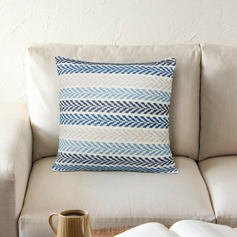 Hand-Woven Blue and Cream Chevron Cotton Throw Pillow