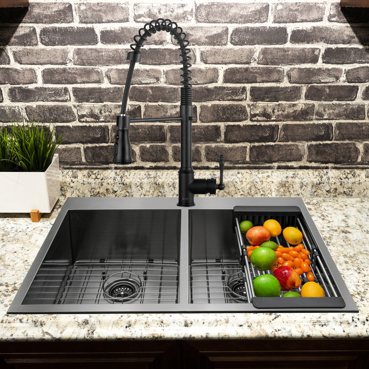 33" Double Bowl Gunmetal Matte Black Stainless Steel Kitchen Sink with Faucet