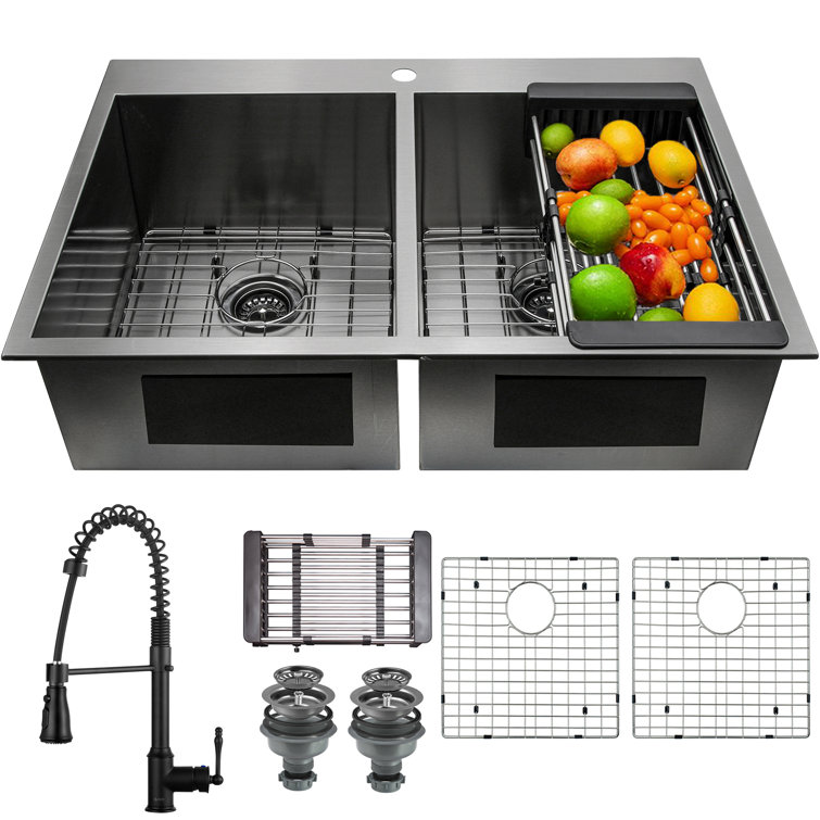33" Double Bowl Gunmetal Matte Black Stainless Steel Kitchen Sink with Faucet