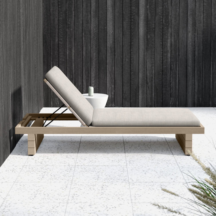 Brown Teak Single Chaise Lounge with Stone Gray Cushions