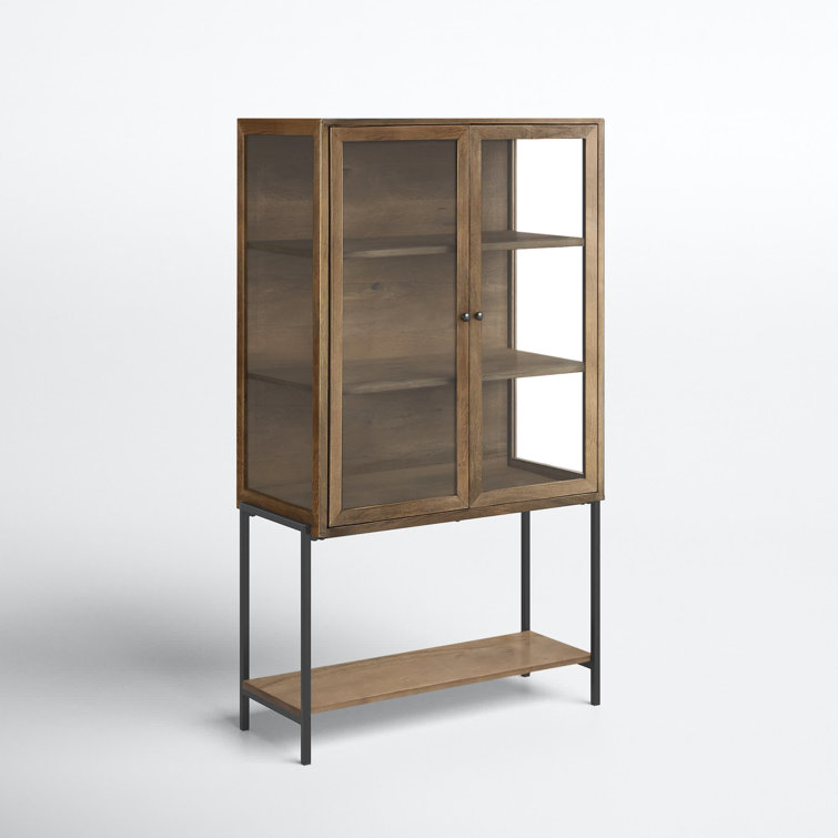 Light Brown Wood and Glass Curio Cabinet with Metal Base