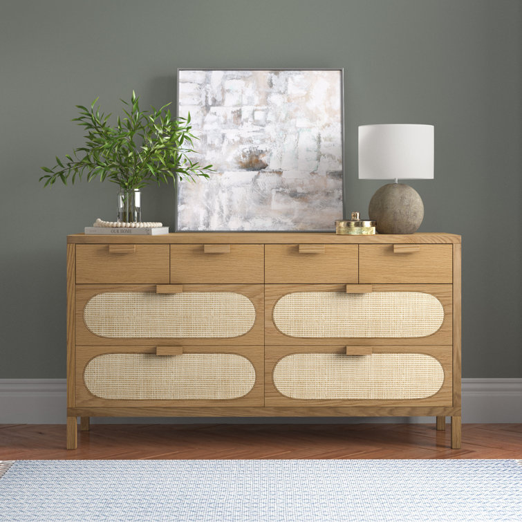 Alder Short Silhouette 8-Drawer Oak and Cane Dresser