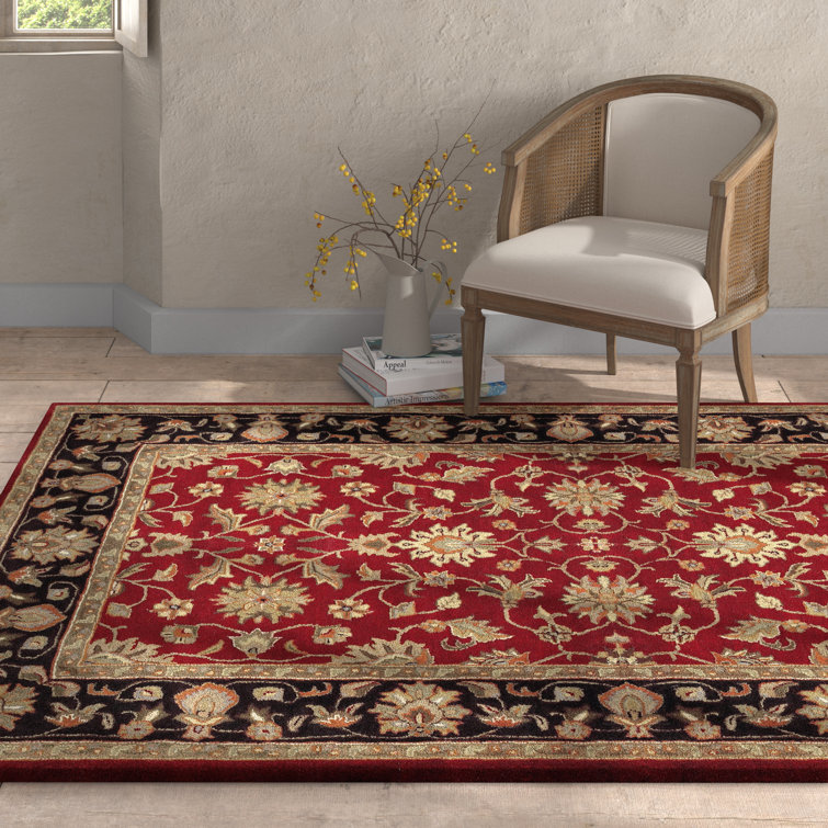 Handmade Black and Garnet Red Wool 6' x 9' Tufted Rug