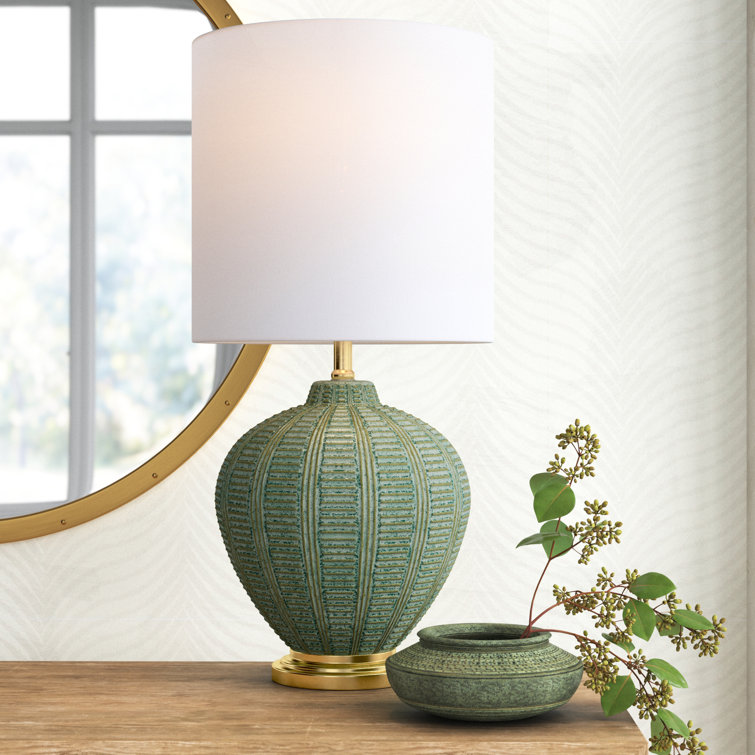 Green Ceramic Textured Table Lamp with White Linen Shade