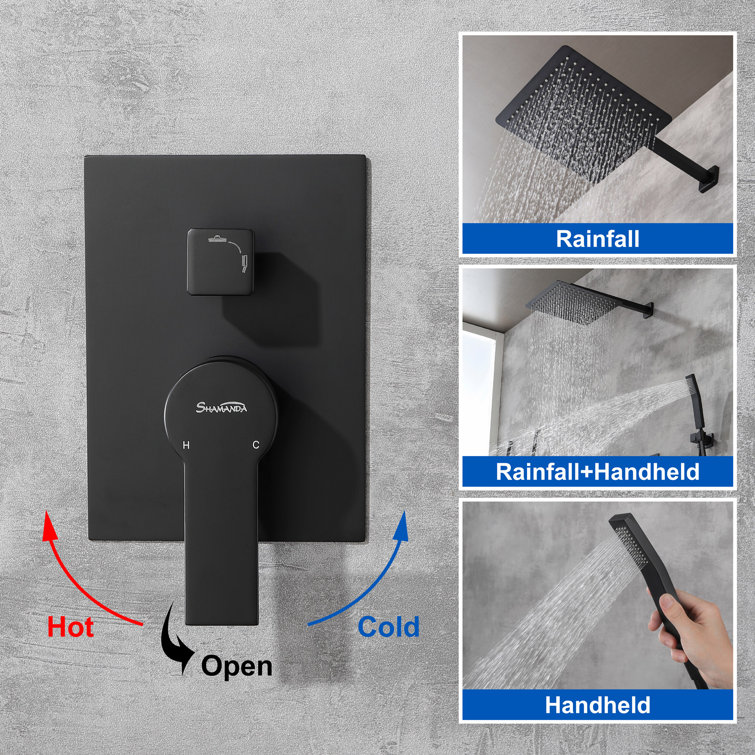 Matte Black Brass Rainfall Shower System with Handheld Shower