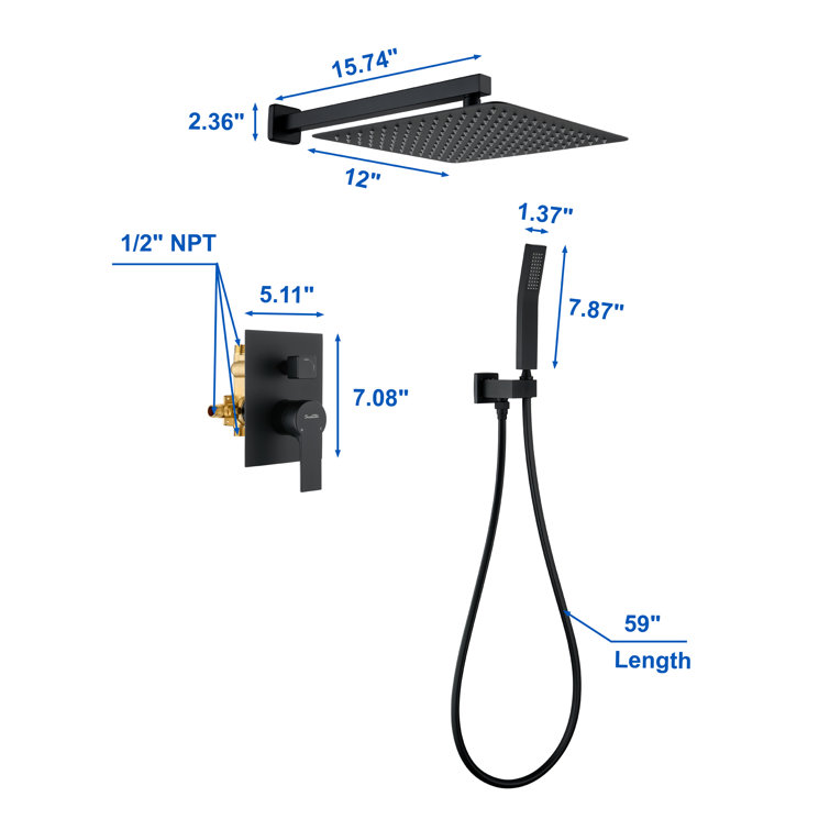 Matte Black Brass Rainfall Shower System with Handheld Shower