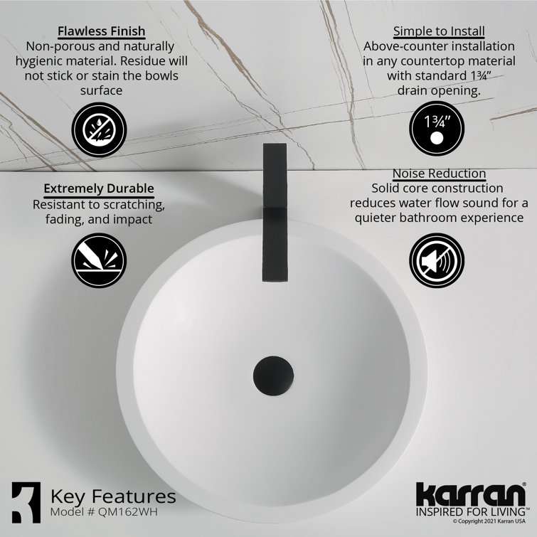 Matte White Acrylic Round Above-Counter Vessel Sink, 19.25"