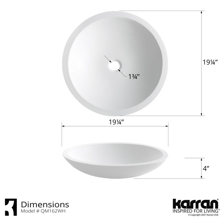 Matte White Acrylic Round Above-Counter Vessel Sink, 19.25"