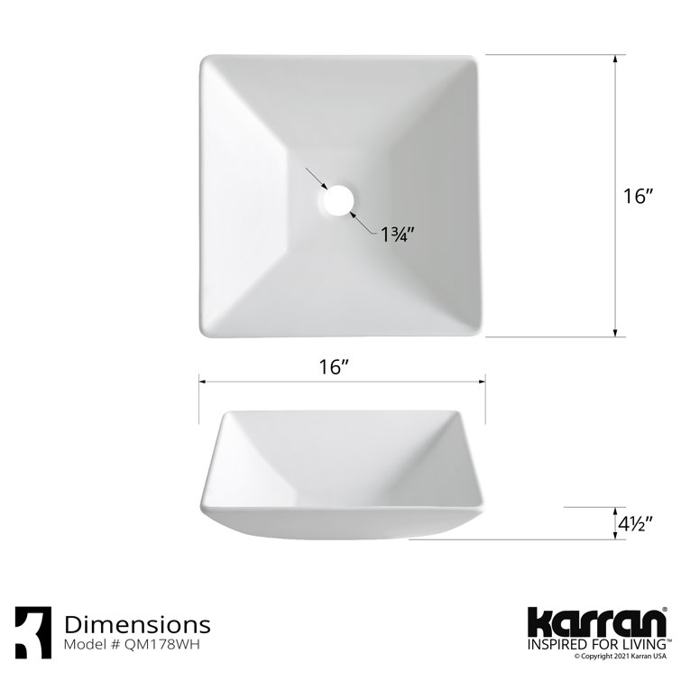 Matte White Square Acrylic Above-Counter Vessel Sink, 16"