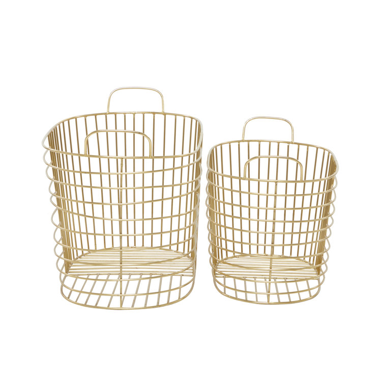Gold Metal Oval Storage Baskets with Handles - Set of 2