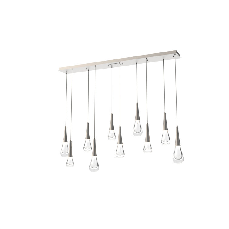 Ethereal Raindrop 9-Light Silver Linear Island Chandelier with Blown Glass