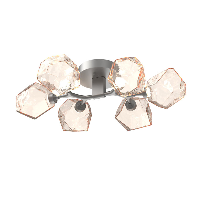Beige Silver Branch-Style 6-Light LED Flush Mount with Amber Glass Shades