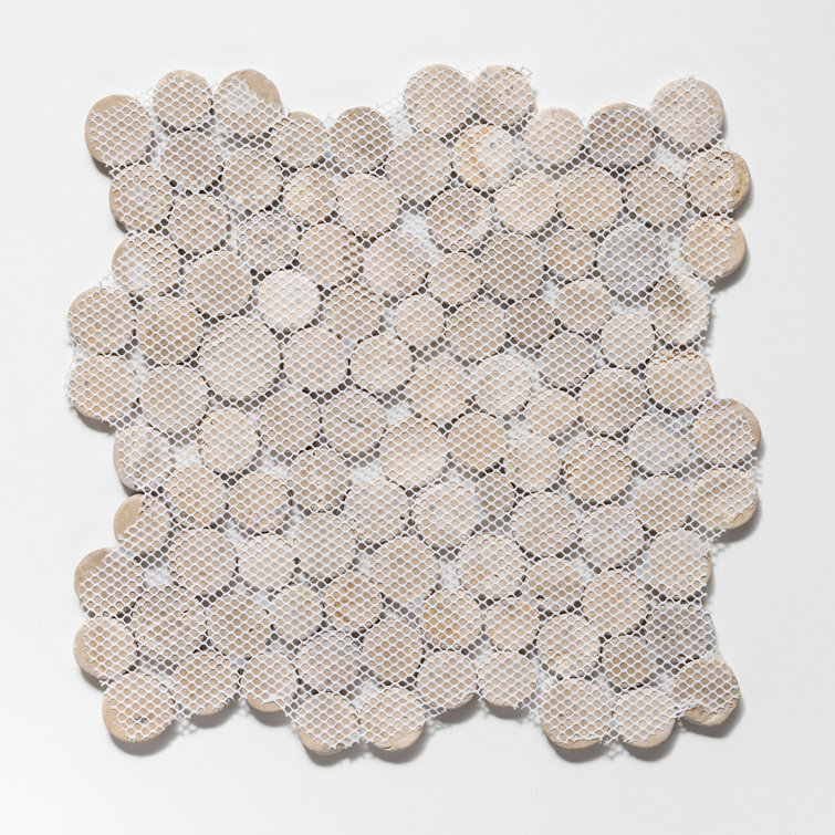 Tan 12" x 12" Tumbled Marble Penny Round Mosaic Tile