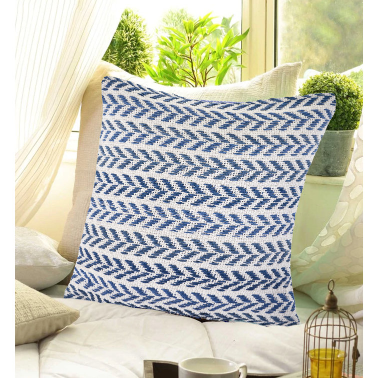 Navy Blue and White Hand-Woven Chevron Cotton Throw Pillow
