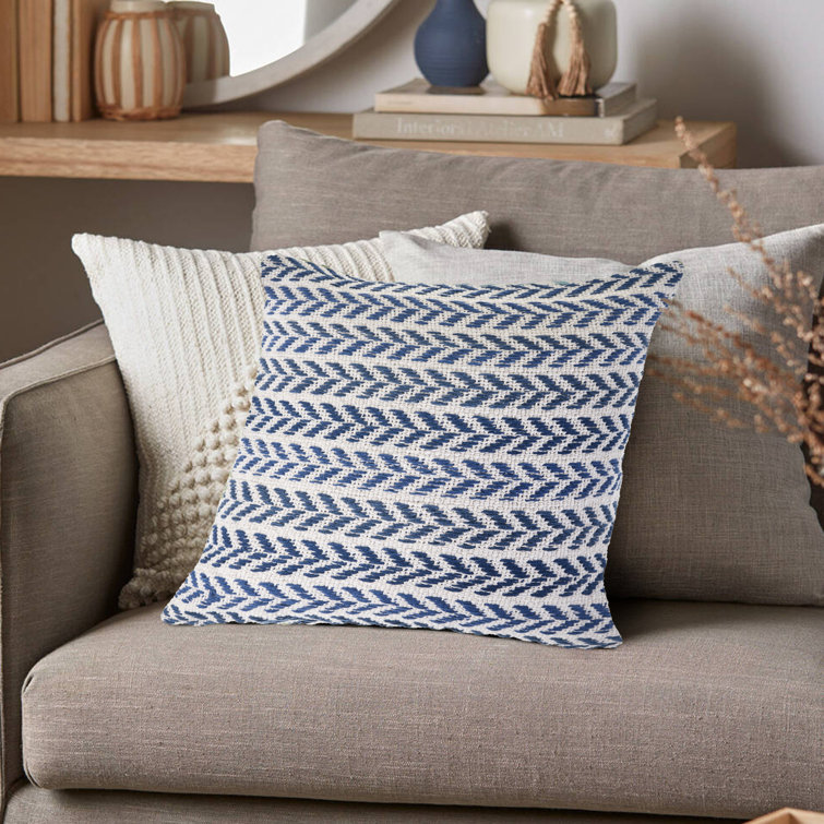 Navy Blue and White Hand-Woven Chevron Cotton Throw Pillow