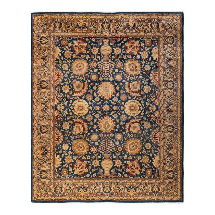 Hand-Knotted Blue and Gold Wool Rectangular Area Rug
