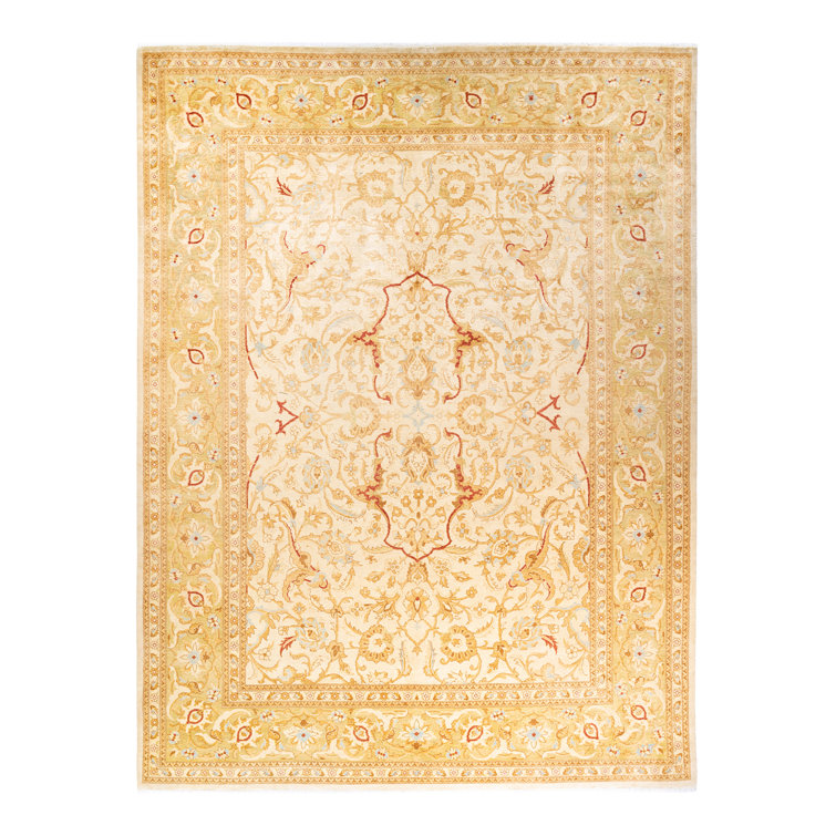 Hand-Knotted Ivory and Gold Floral Wool 9' x 12' Area Rug