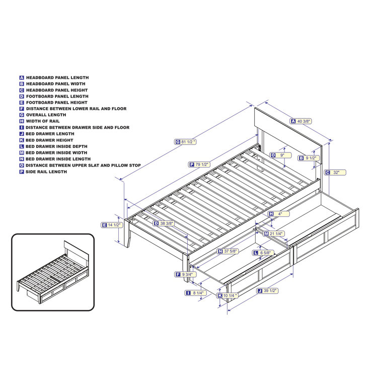 Gray Full Wood Platform Bed with Storage Drawers