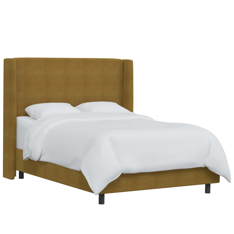 Beige Queen Upholstered Wingback Bed with Wood Frame