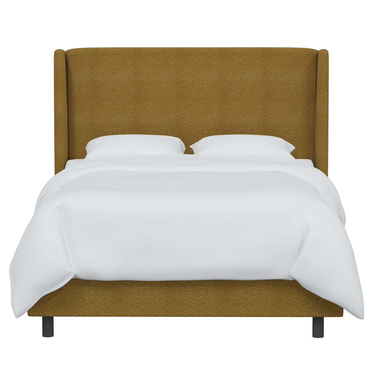 Beige Queen Upholstered Wingback Bed with Wood Frame