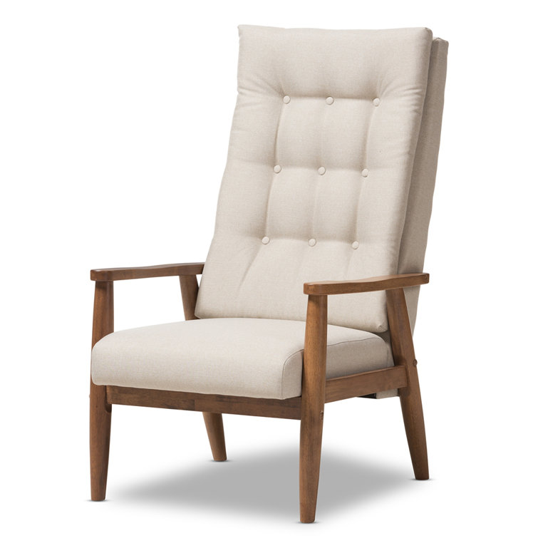 Walnut Brown & Light Beige Leather High-Back Accent Chair