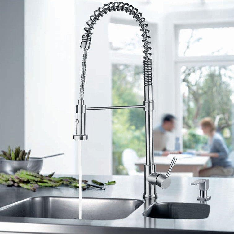 Polished Stainless Steel Commercial Faucet with Pull-down Spray