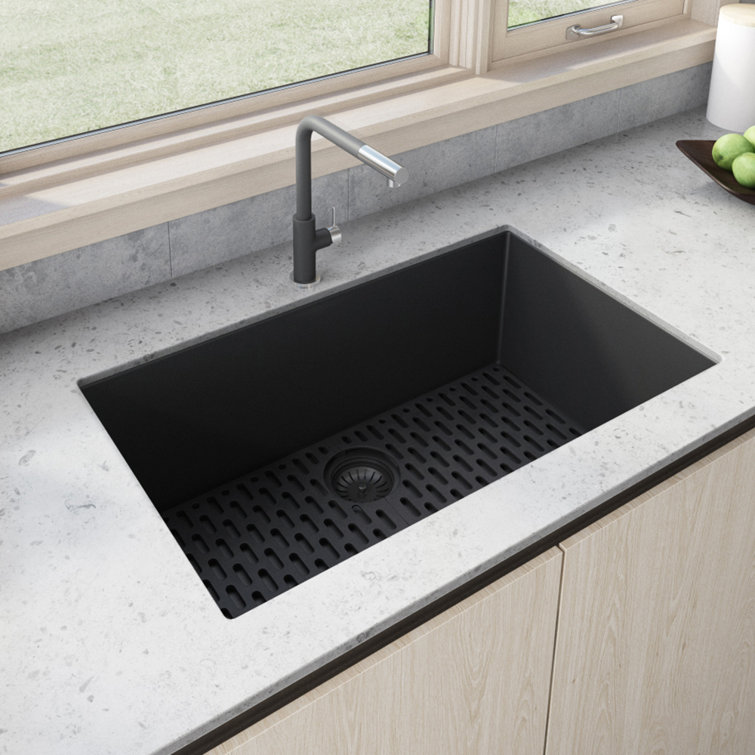 Midnight Black Granite Composite Undermount Single Bowl Kitchen Sink