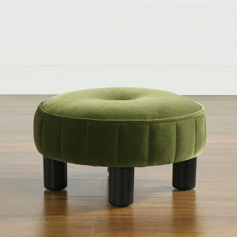Tufted Olive Green Velvet Round Ottoman, 17"