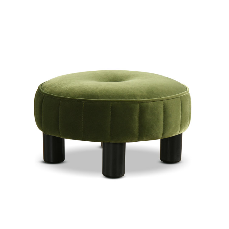 Tufted Olive Green Velvet Round Ottoman, 17"