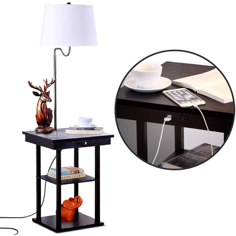 Madison Mid-Century Modern Black Wood & Metal LED Side Table with USB Port