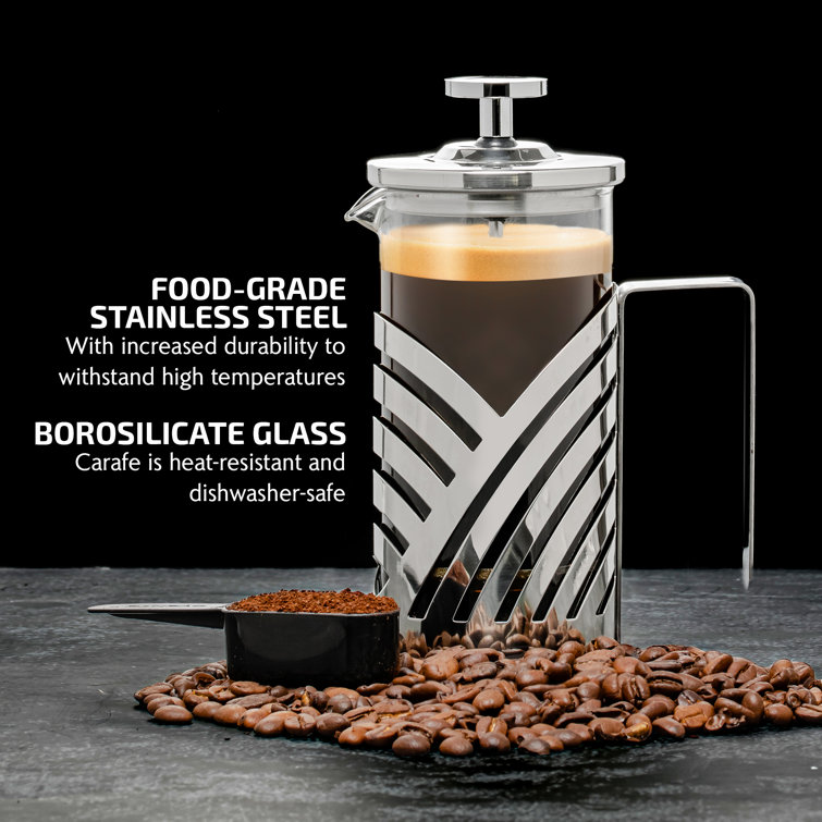 Nickel Brushed Stainless Steel French Press Coffee Maker with Measuring Spoon