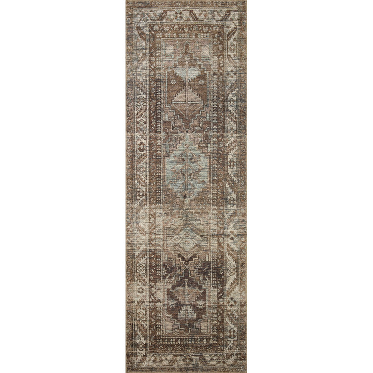 Light Blue and Clay Distressed Synthetic Runner Rug 2'6" x 9'6"