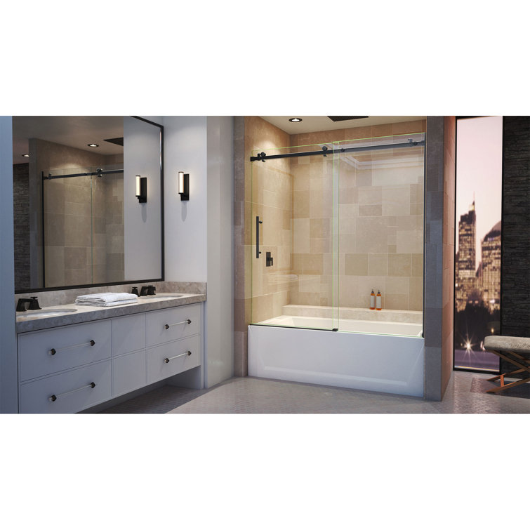 Matte Black Frameless Sliding Tub Door with Clear Glass