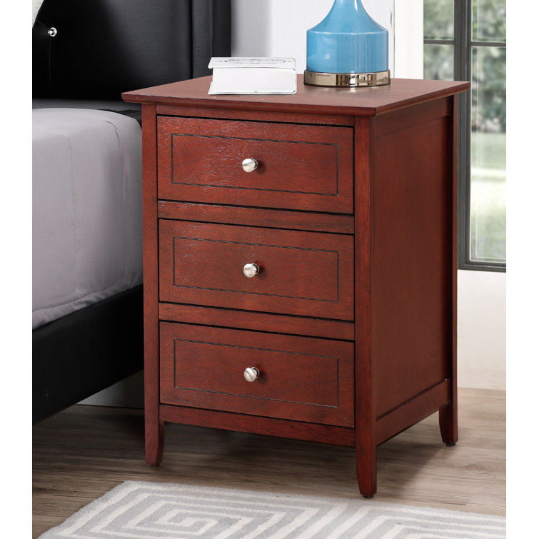 Cherry Wood 3-Drawer Nightstand with Nickel Hardware