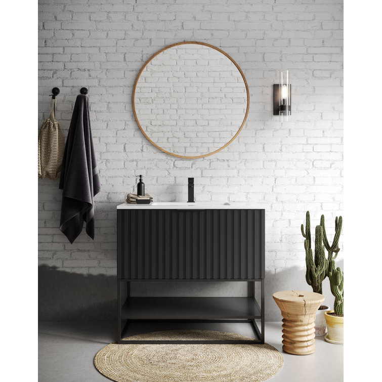 Terra 36'' Matte Black Acacia Single Bathroom Vanity with White Quartz Top
