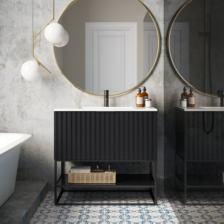 Terra 36'' Matte Black Acacia Single Bathroom Vanity with White Quartz Top