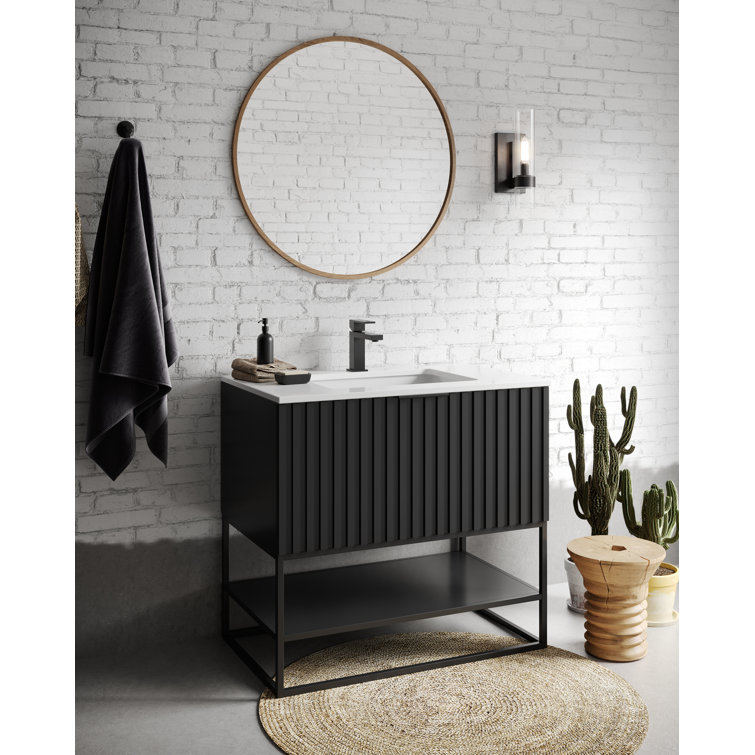 Terra 36'' Matte Black Acacia Single Bathroom Vanity with White Quartz Top