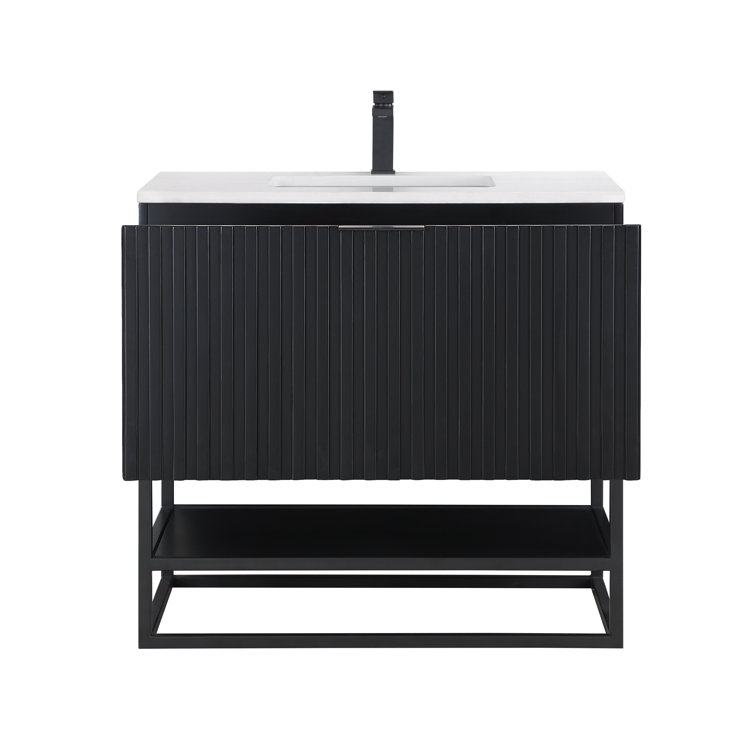 Terra 36'' Matte Black Acacia Single Bathroom Vanity with White Quartz Top