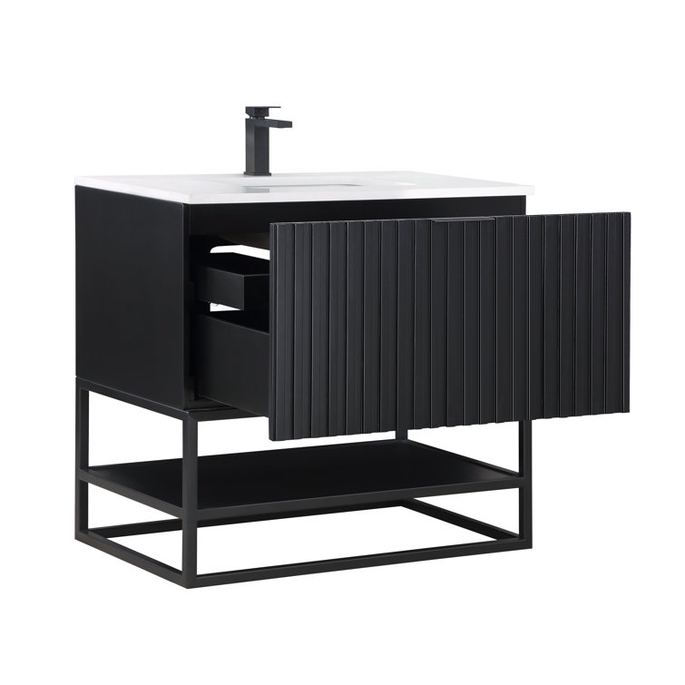 Terra 36'' Matte Black Acacia Single Bathroom Vanity with White Quartz Top
