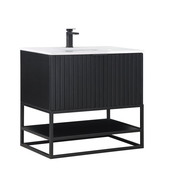 Terra 36'' Matte Black Acacia Single Bathroom Vanity with White Quartz Top